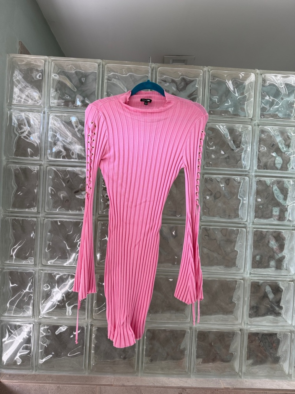 Fashion Nova Pink Ribbed Long-Sleeve Lace-Up Bodycon Dress